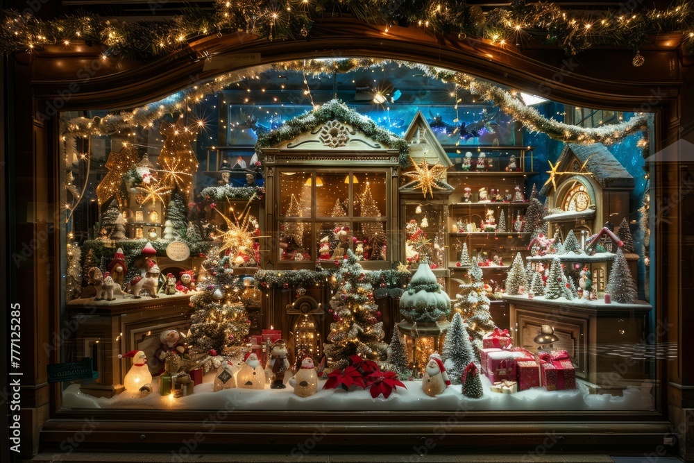 Christmas Decorations Adorning Boutique Window Display