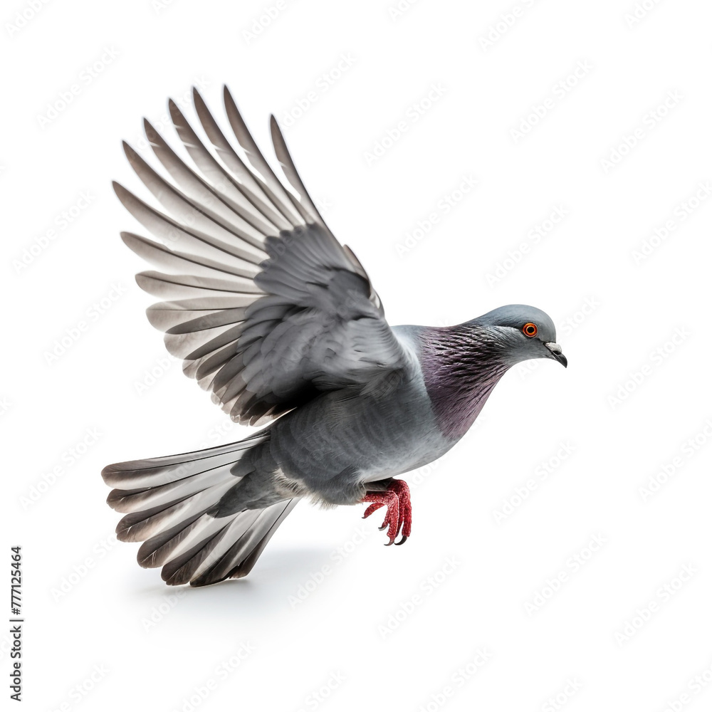 Fototapeta premium Grey pigeon on flight isolated on white background сreated with Generative Ai