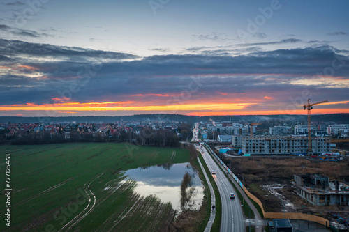 Amazing sunset over the Rotmanka village in Poland photo