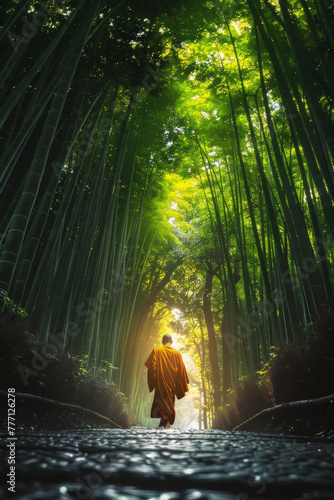 A monk walking through a path in a bamboo grove