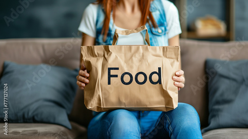 A girl at home on the couch holds a paper bag with food written on it. Eco-friendly packaging. Home Food Delivery