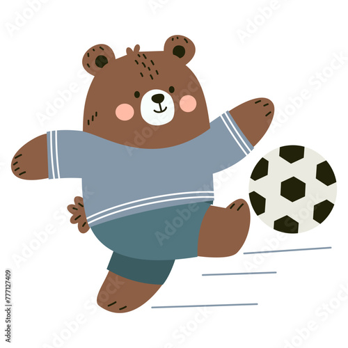 Cute bear cub in uniform playing soccer. Flat vector illustration in children's style on white background . Vector illustration