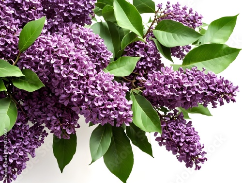 Branch of lush pink magenta lilac with green leaves