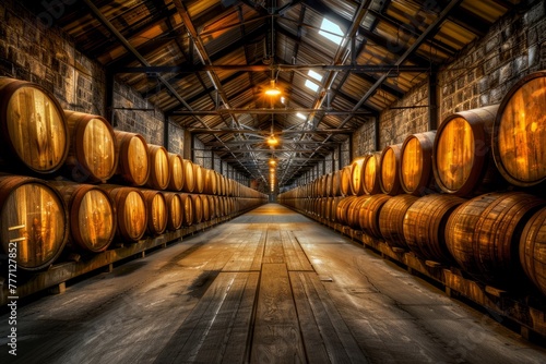 Vintage Ambiance: Whisky Barrels Lined in Aging Warehouse
