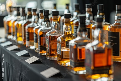 Artisanal Whisky Assortment on Display, Urban Event Background photo