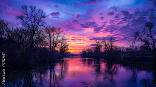Twilight Serenity: A Tranquil Evening Landscape of River, Sky, and Silhouetted Trees © Millie