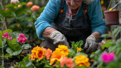 Lifestyle gardening. Hands of an elderly man planting flowers at sunset. Growing flowers in old age © MariКа