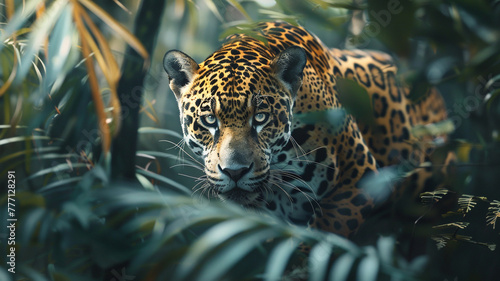 Majestic ultra 4k, 8k photo of a lone jaguar prowling through the dense undergrowth of the Amazon rainforest, its powerful muscles rippling beneath its spotted coat, captured with breathtaking photo