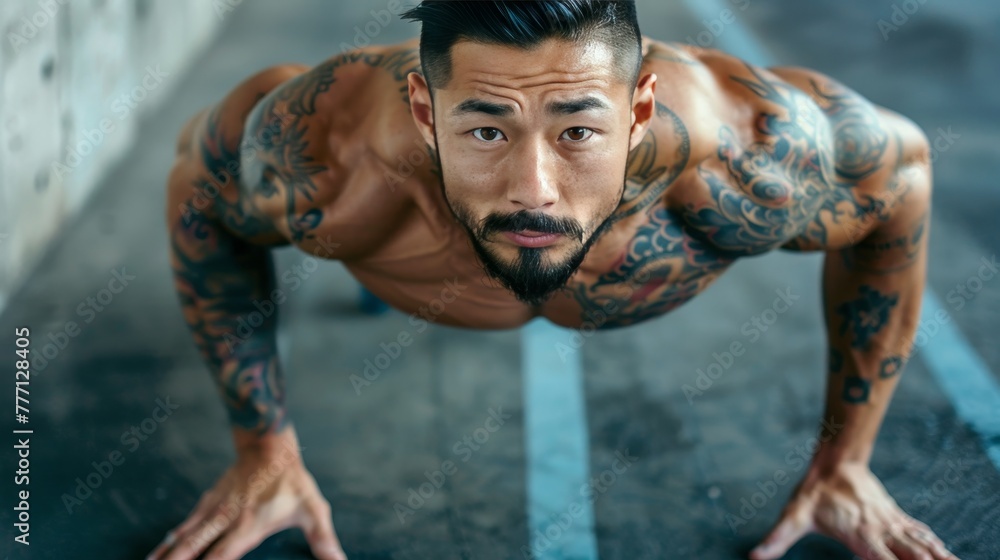 Asian man exuding strength and determination in fitness poses, isolated on studio background Asian man exuding strength and determination in fitness poses, isolated on studio background