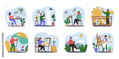Hobby artist. Creative art job. People creating masterpieces. Culture activity. Artistic craft occupation. Painter with brush easel. Woman painting ceramics. Man sculpting statue. Vector artisans set