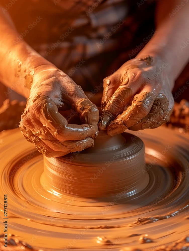 Potters hands shaping clay on wheel, warm studio light, closeup, creative expression