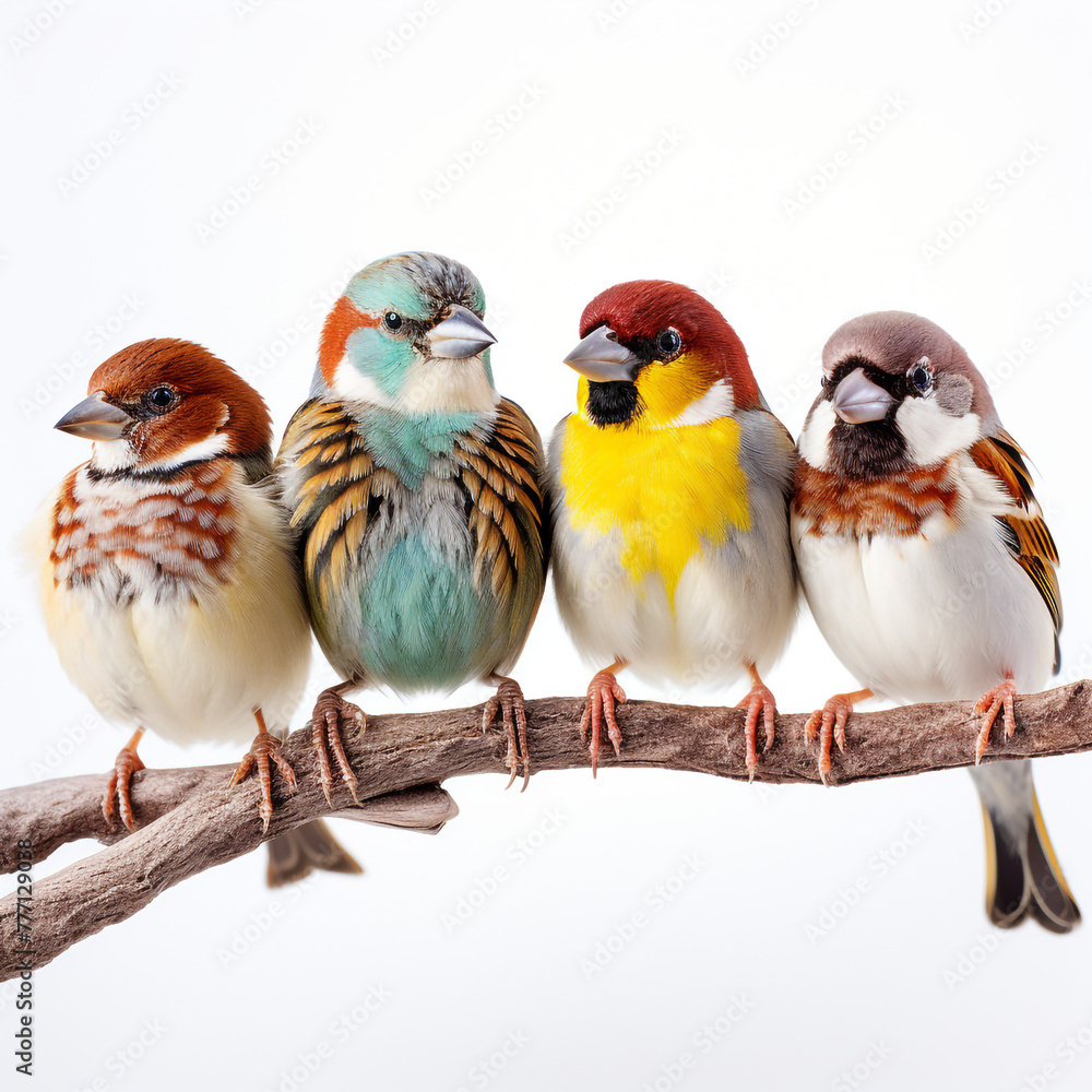 Fototapeta premium colorful sparrows sitting on branch isolated on white background сreated with Generative Ai