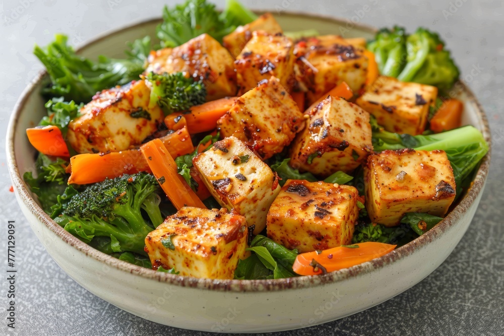 Healthy Vegan Protein Meal with Spiced Tofu Cubes, Broccoli and Carrots on a Rustic Table Healthy Vegan Protein Meal with Spiced Tofu Cubes, Broccoli and Carrots on a Rustic Table