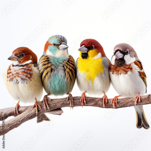colorful sparrows sitting on branch isolated on white background сreated with Generative Ai