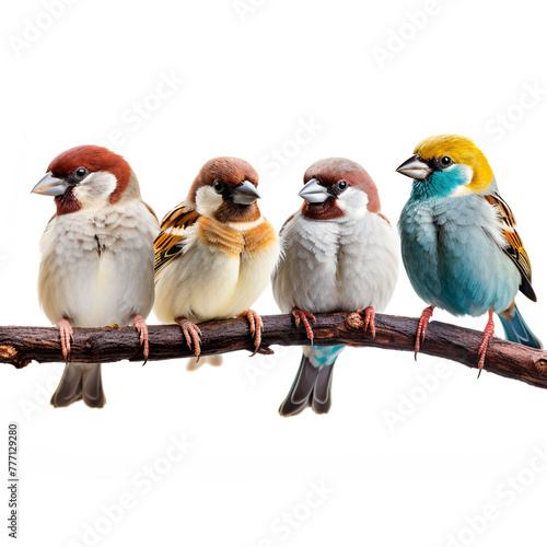 colorful sparrows sitting on branch isolated on white background сreated with Generative Ai
