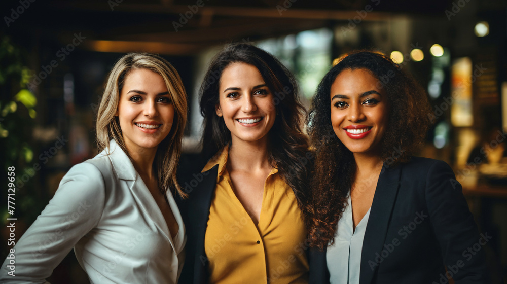 Obraz premium three happy colleagues or friends or group or team, women 30 years old or 40, intercultural multiracial and caucasian, smiling in a good mood, in the office