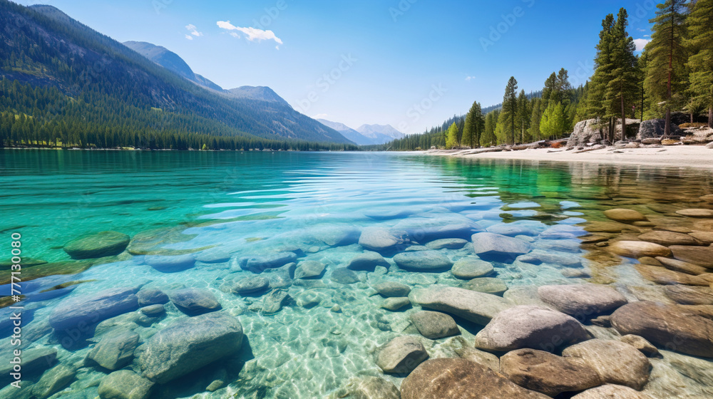 lake in the mountains.