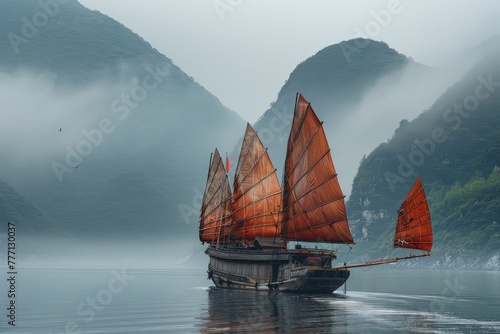 Ancient Chinese junk boat on the Yangtze River, emphasizing its elegant structure and the timeless beauty of the surrounding scenery. photo