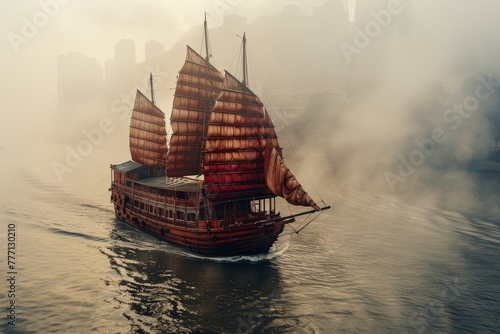 Ancient Chinese junk boat on the Yangtze River, emphasizing its elegant structure and the timeless beauty of the surrounding scenery.
