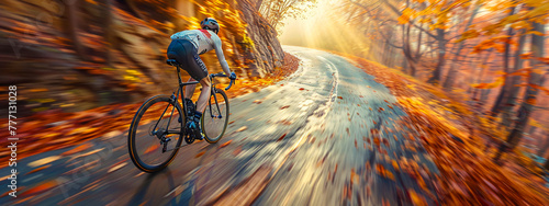Cyclist in nature, active lifestyle and outdoor biking adventure at sunset