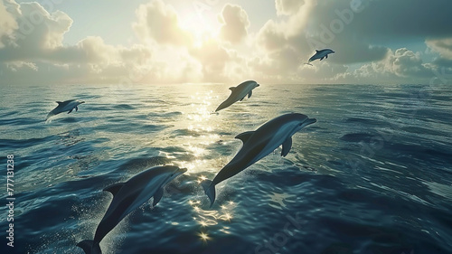 Mesmerizing ultra 4k, 8k photo of a pod of dolphins leaping gracefully out of the crystal-clear waters of the ocean, their sleek bodies glistening in the sunlight,