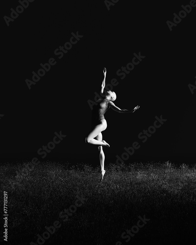 Quadro em tela Woman ballerina dancer jump tall haunting paranormal black and white meadow aest