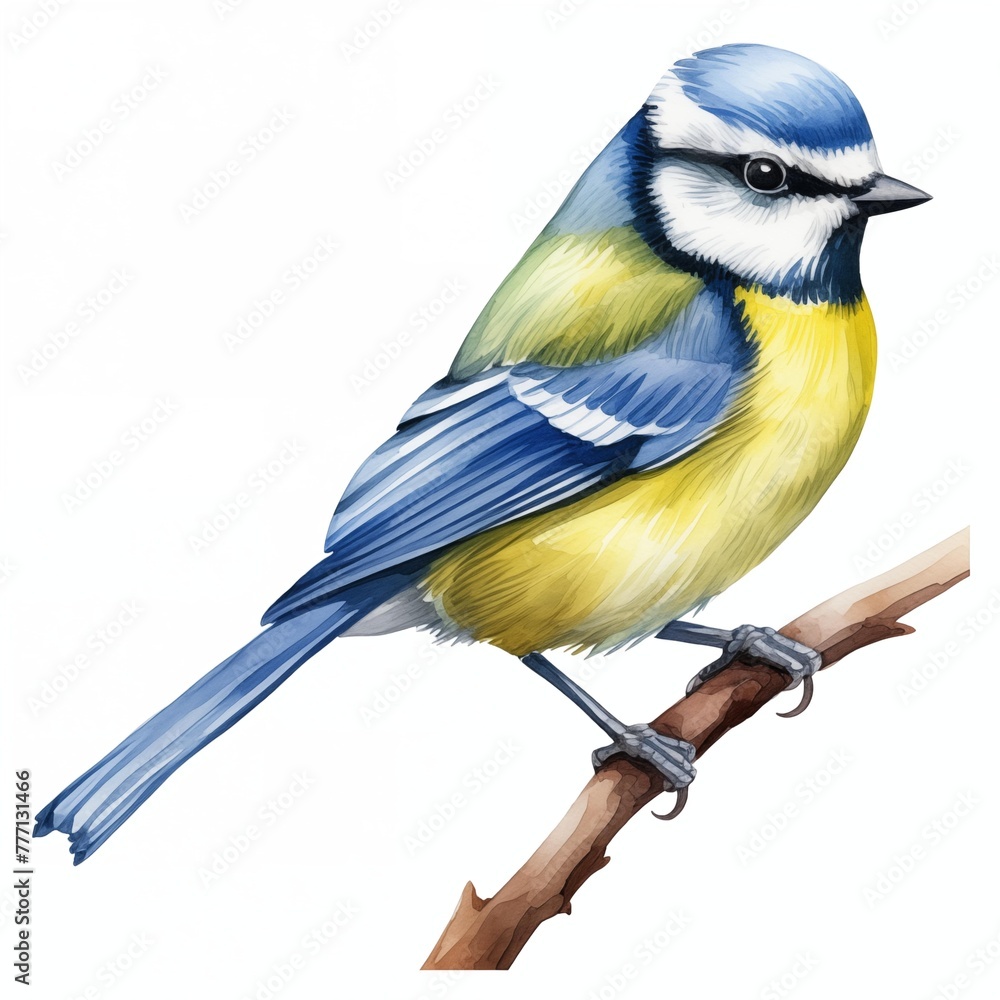 Obraz premium Blue tit bird. Eurasian blue tit clipart. Watercolor illustration. Generative AI. Detailed illustration.