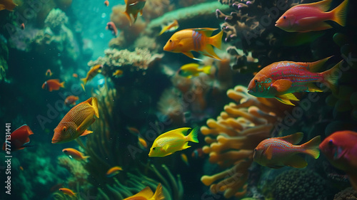 Mesmerizing ultra 4k, 8k photo of a colorful school of tropical fish swimming among vibrant coral reefs in a pristine underwater paradise, their iridescent scales