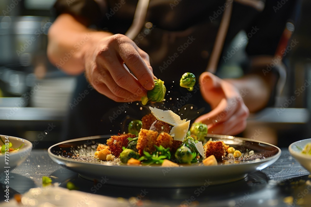 Chef's Final Touch on a Gourmet Brussels Sprouts Dish