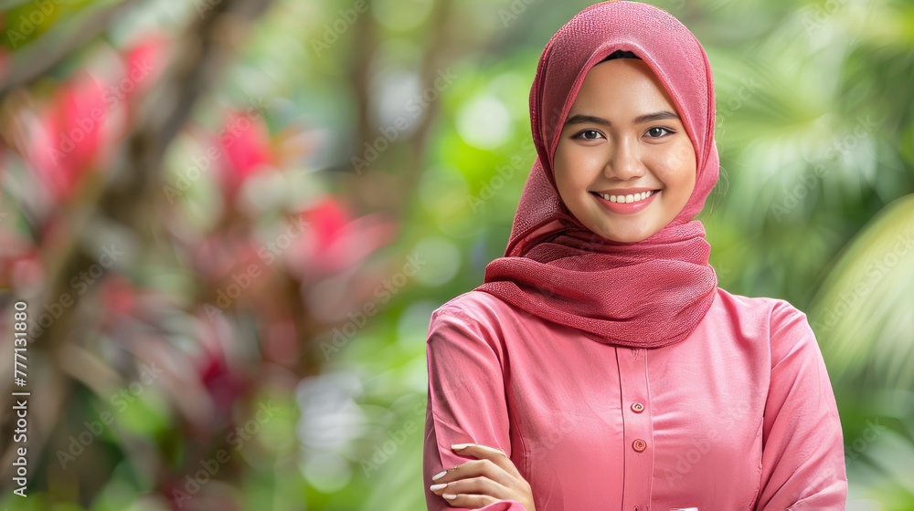 Asian muslim woman smiling, eid mubarak greeting with space for text on blurred background Asian muslim woman smiling, eid mubarak greeting with space for text on blurred background