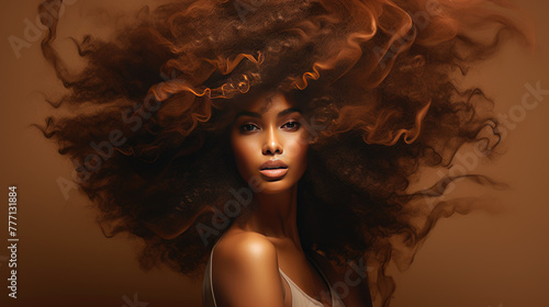 African beautiful woman portrait. Brunette curly haired young model with dark skin photo