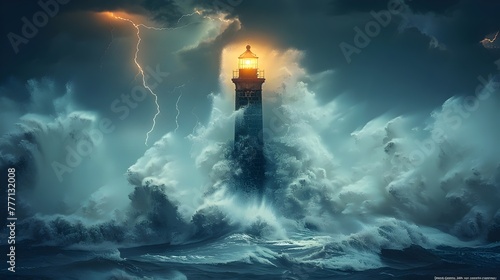 Landscape with a lighthouse illuminating the sea from the coast one night during a very violent storm © Nemesio