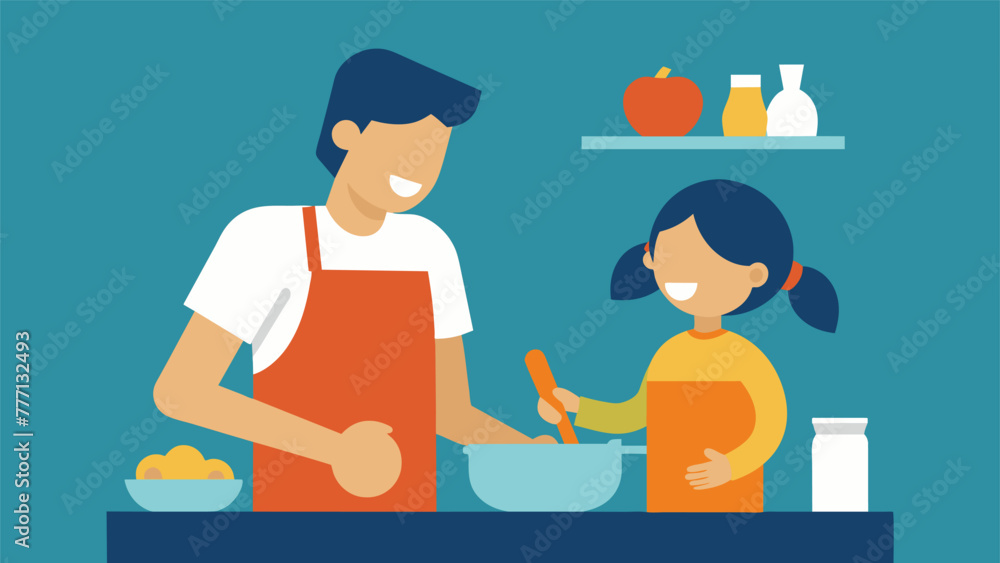 An artwork depicting a parent and child cooking together in the kitchen emphasizing the value of shared activities in promoting positive An artwork depicting a parent and child cooking together in the kitchen emphasizing the value of shared activities in promoting positive