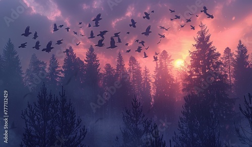 Mystical Dawn A Flock of Birds in a Forest at Sunrise Generative AI