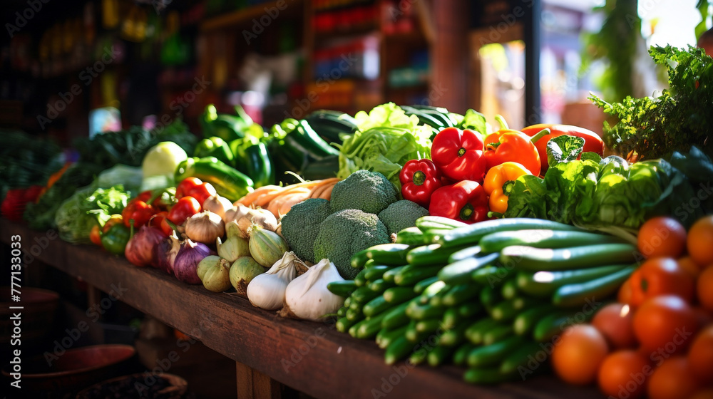 Bright fresh vegetables and fruits on the counter of a street vegetable market сreated with Generative Ai