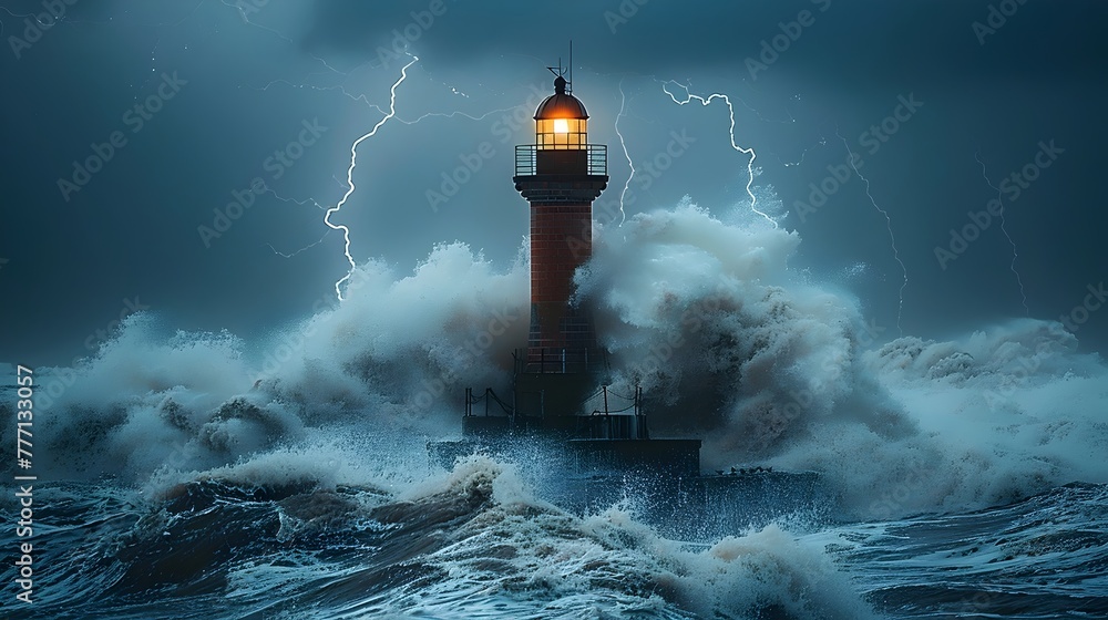 Landscape with a lighthouse illuminating the sea from the coast one night during a very violent storm