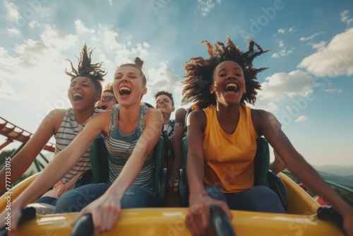 Euphoric Group Enjoying a Roller Coaster Adventure