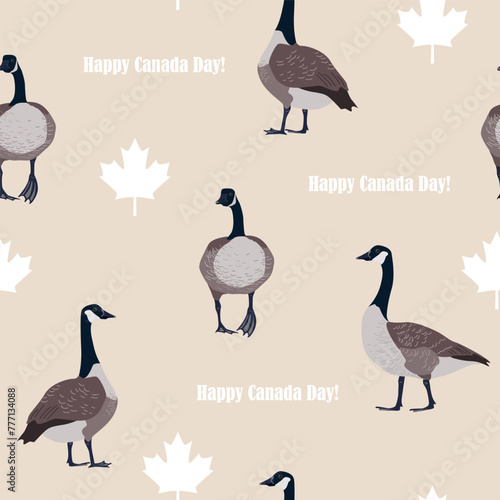 White maple leaves and Canadian geese on beige background. Canada Day seamless pattern, vector illustration. © Toltemara