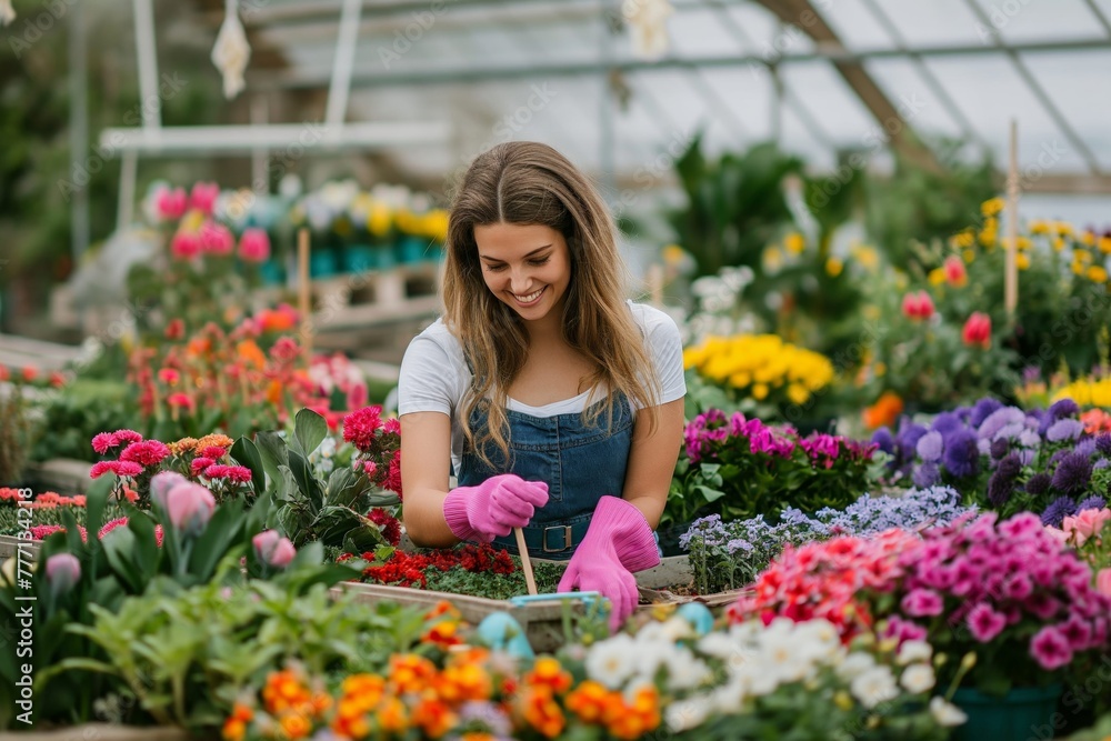 A happy young woman gardener at work, taking care of plants and flowers in her garden greenhouse