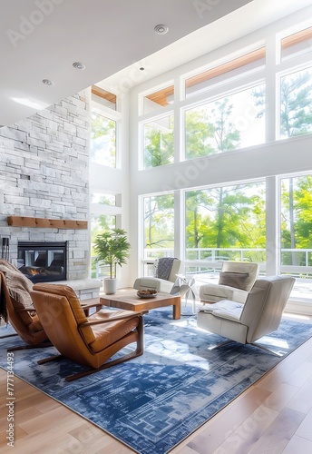 Beautiful modern living room in a luxury home with white walls  large windows and a fireplace