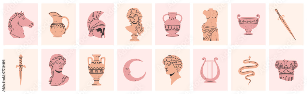 Fototapeta premium Greece mythology statues. Decorative posters with ancient sculptures, vases, column and antique body. Template with Greek Gods. Vector banner set