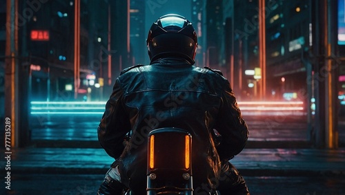 A man biker riding a motorcycle through the night city megapolis wearing a helmet. Dark futuristic cyberpunk art. Neon lights retrofuturism sci-fi photography illustration concept.