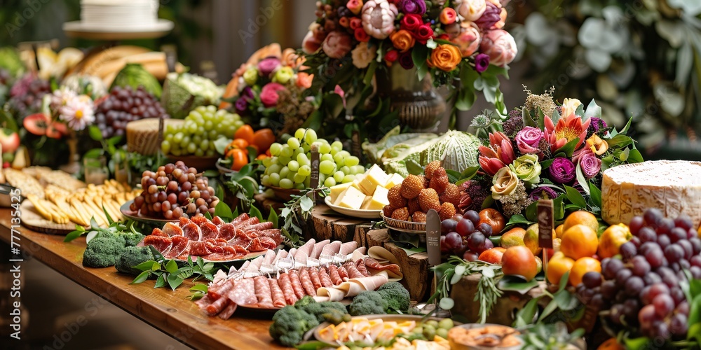 Bountiful Buffet A Feast of Fresh Fruits, Delicious Cheeses, and a Variety of Meats and Sausages Generative AI