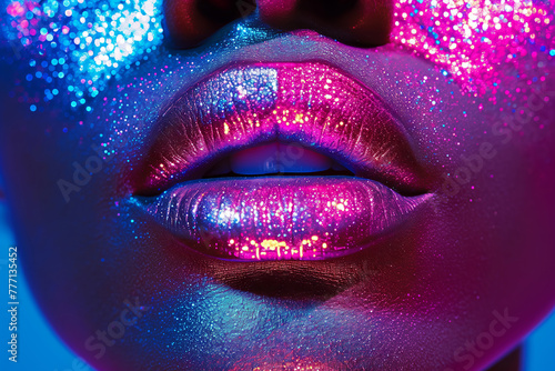 Vibrant glitter lips under colorful lighting. Generative AI image photo