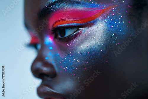 Cosmic-inspired makeup on a black woman's face. Generative AI image photo