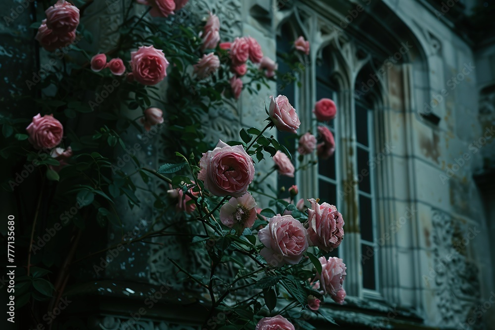 Pink roses growing on a wall next to a window. The roses are in full ...