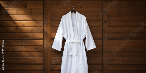 a white mock up smple of a white hodded bathrobe hanging infront of a pollished wood wall сreated with Generative Ai photo