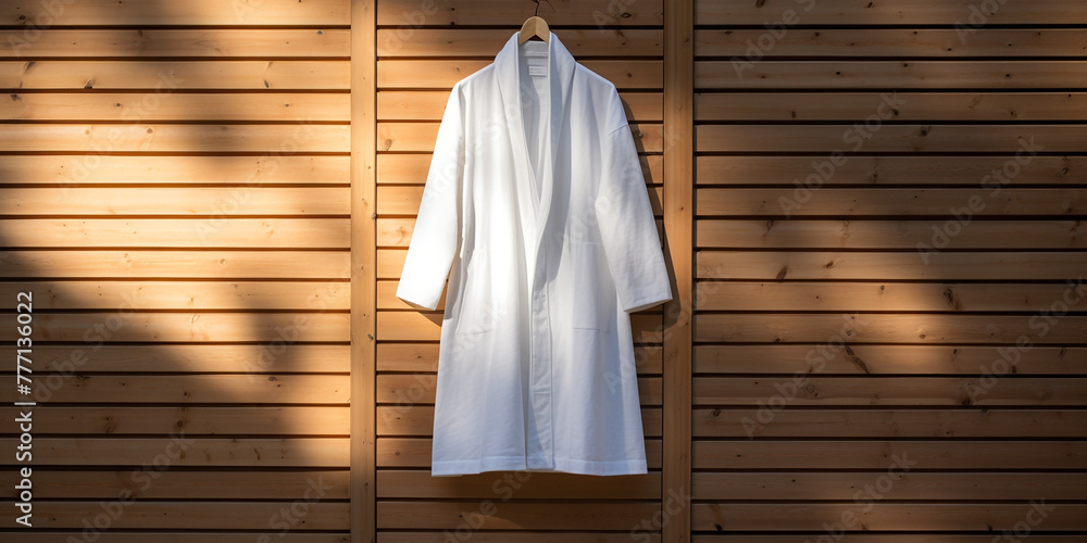 a white mock up smple of a white hodded bathrobe hanging infront of a pollished wood wall сreated with Generative Ai a white mock up smple of a white hodded bathrobe hanging infront of a pollished wood wall сreated with Generative Ai