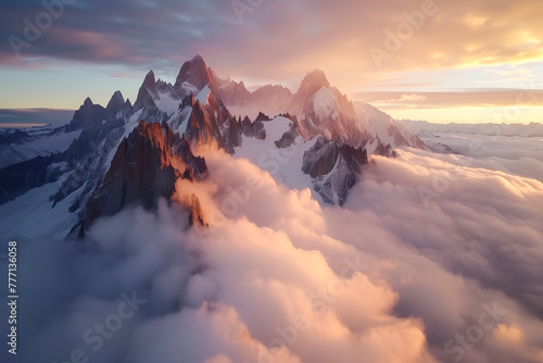 Majestic mountains enveloped by mist at sunrise. Generative AI image photo
