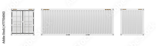 Shipping cargo containers with open, closed doors realistic set. Steel freight boxes for storage, transportation. Vector ship container.